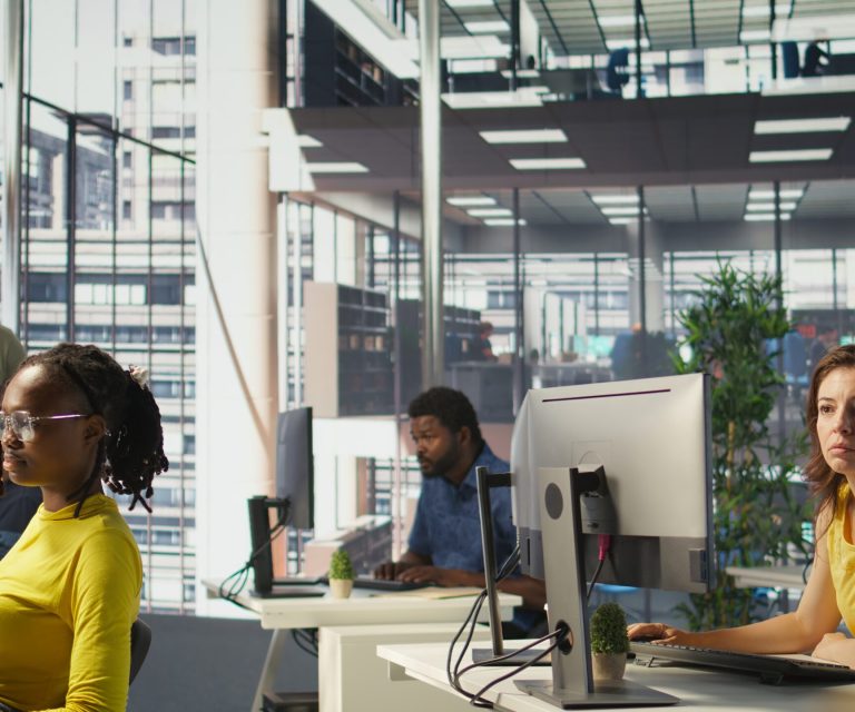 Worker sitting at office desk using computer during job shift, looking through online financial business documents. Company employee in workspace doing tasks on PC, being productive, camera B